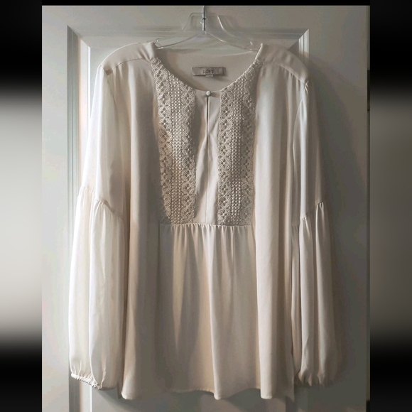 LOFT Ivory Lace Peasant Blouse Large Boho Crochet Long Sleeve Cream Top L - Picture 1 of 6